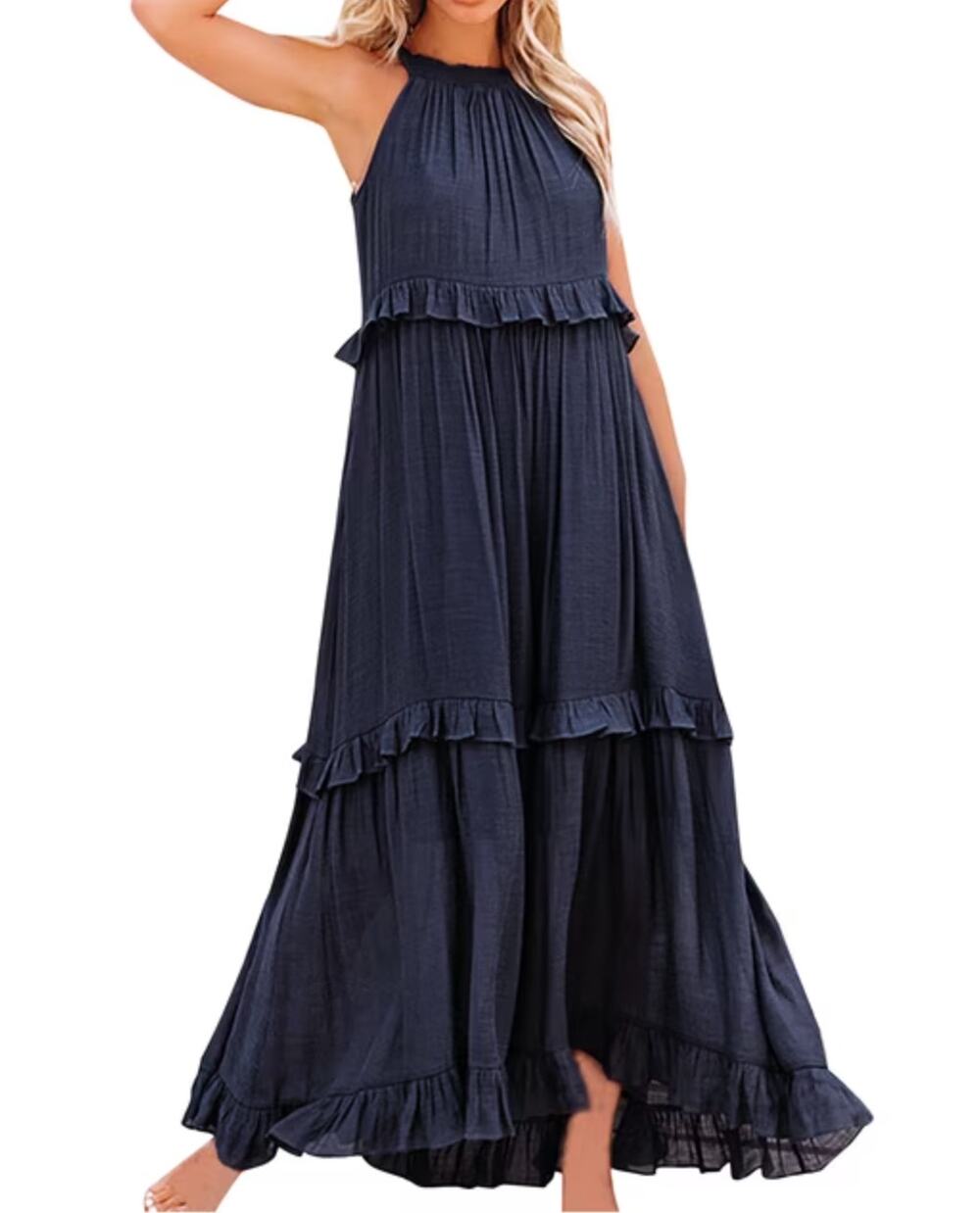 Navy Blue Maxi Halter Dress Boho Tie Back Pockets